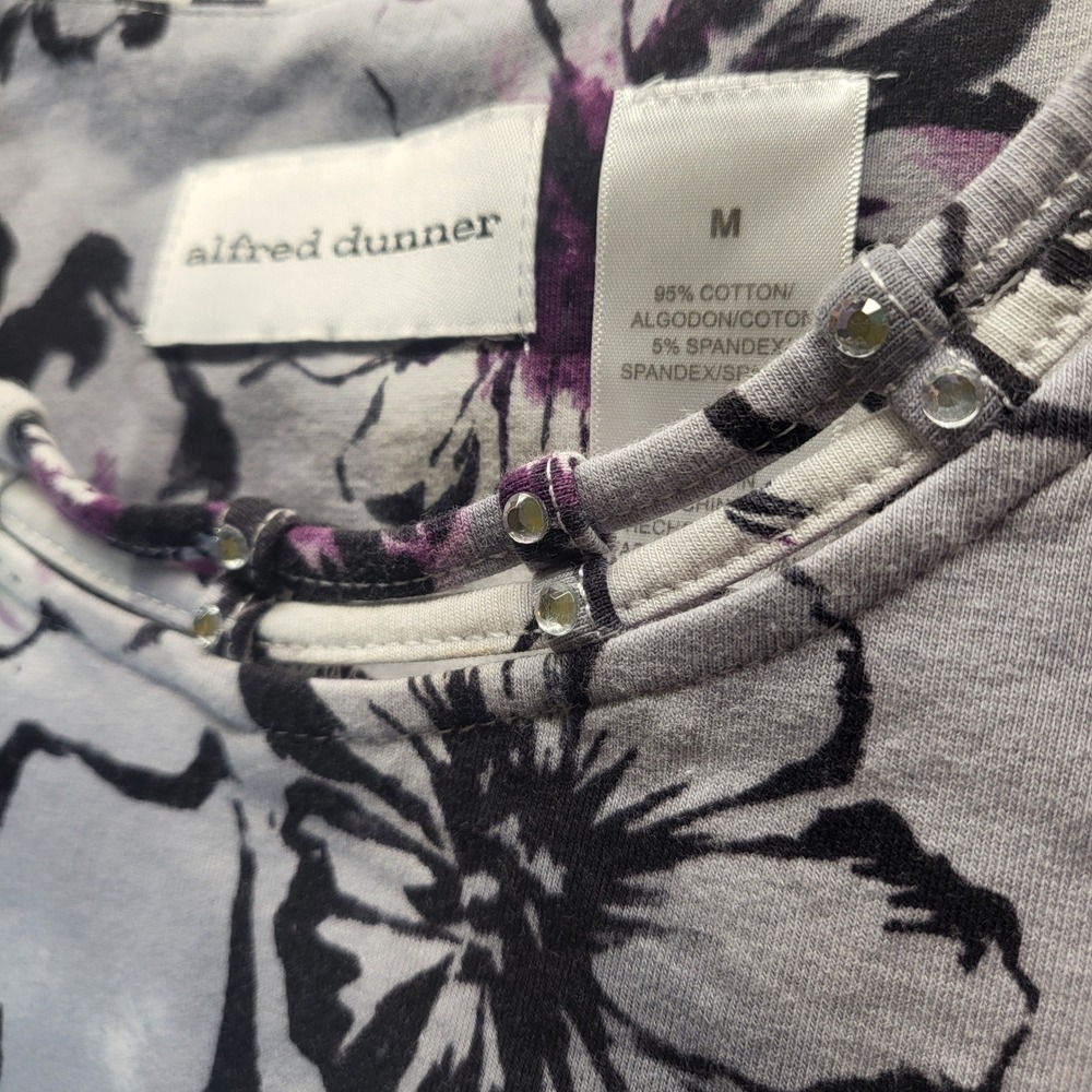 Alfred Dunner Womens Med Floral Print Short Sleeve Blouse Embellished Neckline - Picture 4 of 8